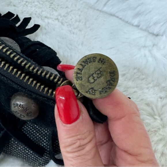 Ed Hardy Vintage Black Cow Leather Canvas Fringe Studded Clutch Wristlet - Picture 10 of 17